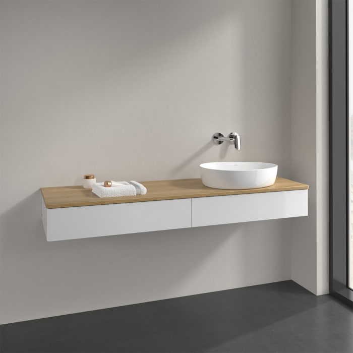 Villeroy & Boch Antao Waschbeckenunterschrank, 160 x 19 cm, 2 Auszüge, Front ohne Struktur, ohne Hahnloch, für Waschtisch rechts