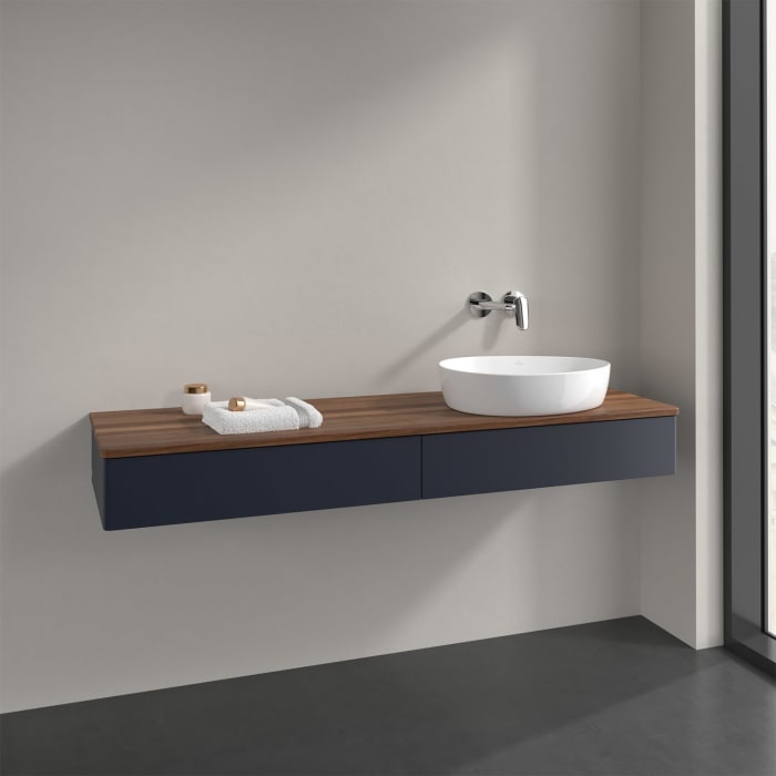 Villeroy & Boch Antao Waschbeckenunterschrank, 160 x 19 cm, 2 Auszüge, Front ohne Struktur, ohne Hahnloch, für Waschtisch rechts
