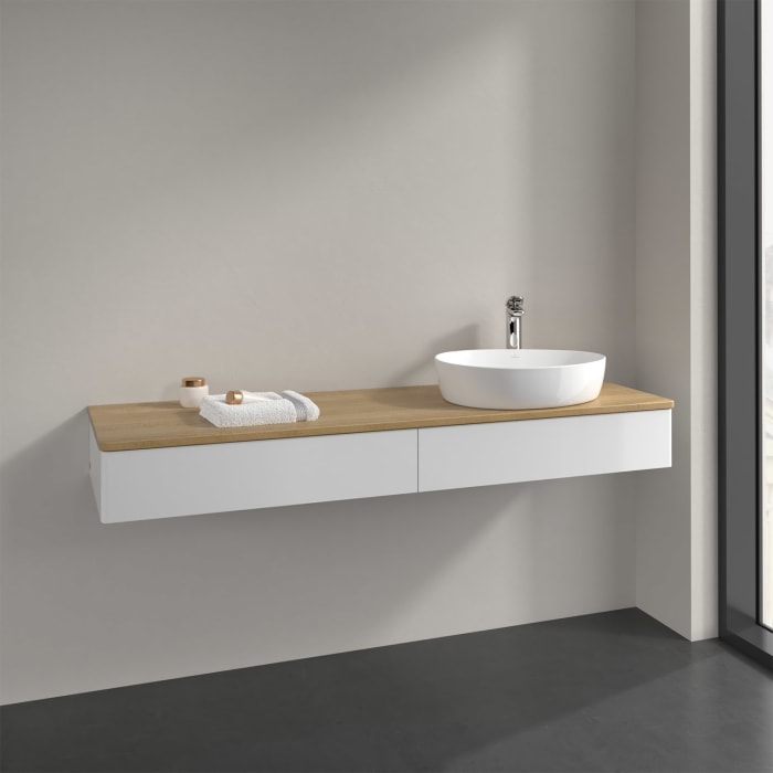 Villeroy & Boch Antao Waschbeckenunterschrank, 160 x 19 cm, 2 Auszüge, Front ohne Struktur, mit Hahnloch, für Waschtisch rechts