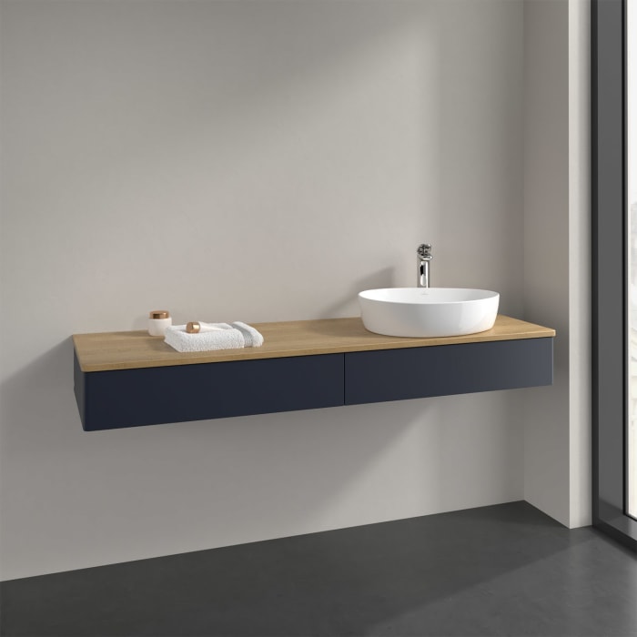 Villeroy & Boch Antao Waschbeckenunterschrank, 160 x 19 cm, 2 Auszüge, Front ohne Struktur, mit Hahnloch, für Waschtisch rechts