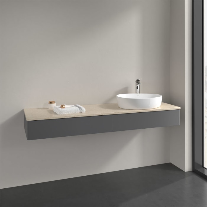 Villeroy & Boch Antao Waschbeckenunterschrank, 160 x 19 cm, 2 Auszüge, Front ohne Struktur, mit Hahnloch, für Waschtisch rechts