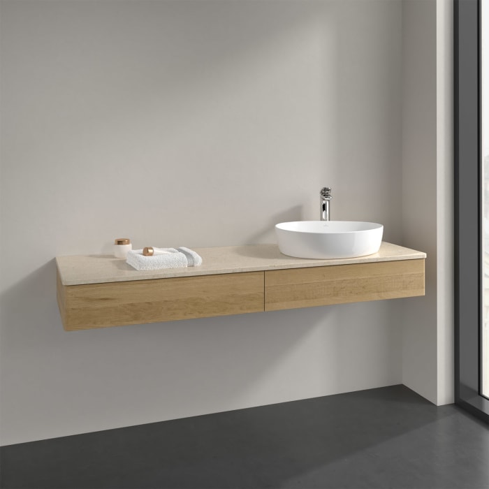 Villeroy & Boch Antao Waschbeckenunterschrank, 160 x 19 cm, 2 Auszüge, Front ohne Struktur, mit Hahnloch, für Waschtisch rechts