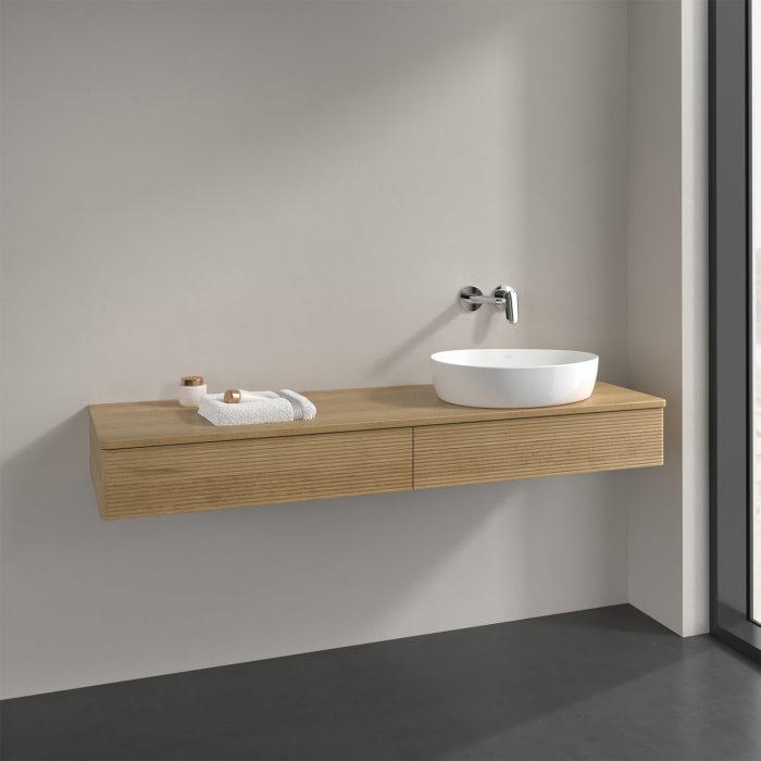 Villeroy & Boch Antao Waschbeckenunterschrank, 160 x 19 cm, 2 Auszüge, Front mit Struktur, ohne Hahnloch, für Waschtisch rechts