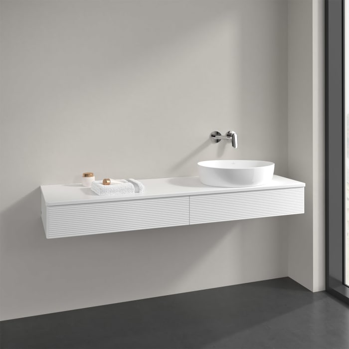 Villeroy & Boch Antao Waschbeckenunterschrank, 160 x 19 cm, 2 Auszüge, Front mit Struktur, mit Hahnloch, für Waschtisch rechts