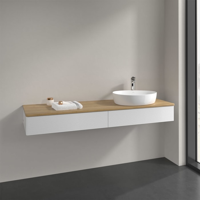 Villeroy & Boch Antao Waschbeckenunterschrank, 160 x 19 cm, 2 Auszüge, Front mit Struktur, mit Hahnloch, für Waschtisch rechts