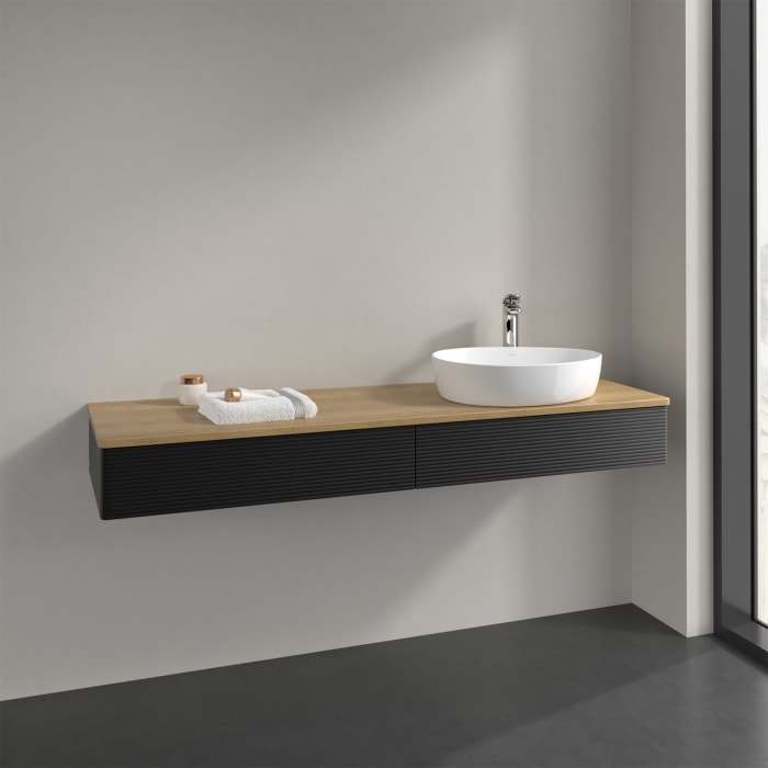 Villeroy & Boch Antao Waschbeckenunterschrank, 160 x 19 cm, 2 Auszüge, Front mit Struktur, mit Hahnloch, für Waschtisch rechts
