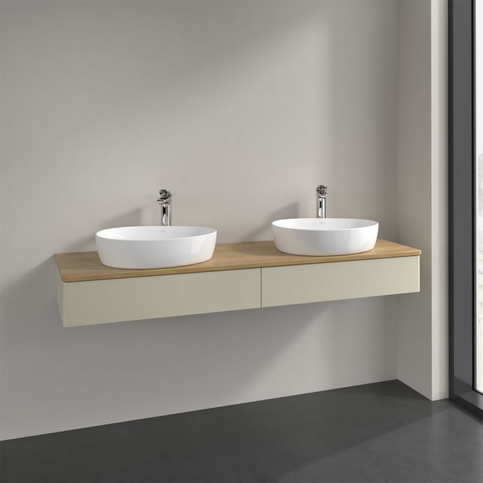 Villeroy & Boch Antao Waschbeckenunterschrank, 160 x 19 cm, 2 Auszüge, Front ohne Struktur, mit Hahnloch, für Waschtisch links und rechts