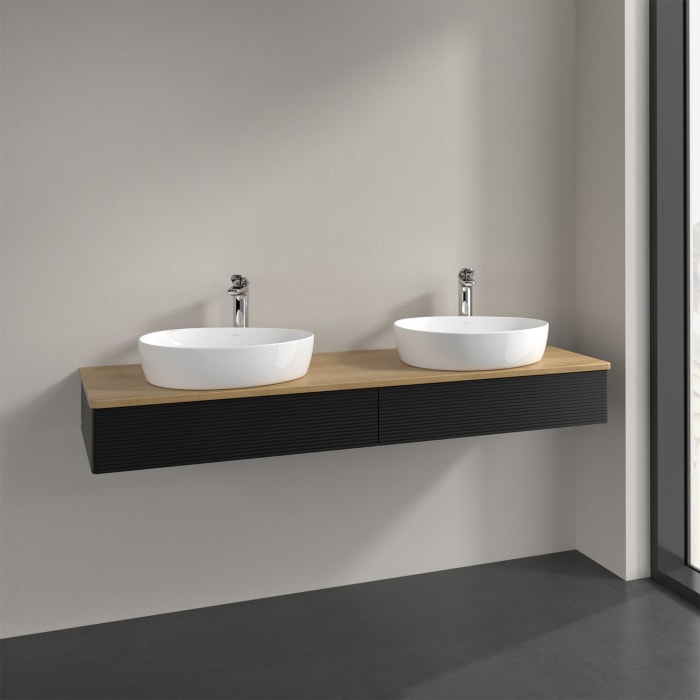 Villeroy & Boch Antao Waschbeckenunterschrank, 160 x 19 cm, 2 Auszüge, Front mit Struktur, mit Hahnloch, für Waschtisch links und rechts