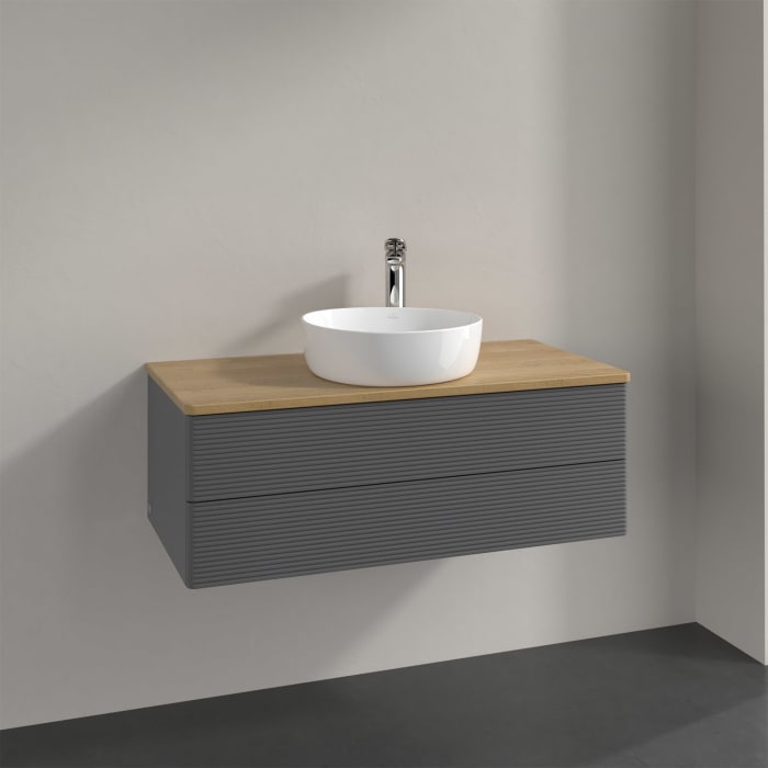 Villeroy & Boch Antao Waschbeckenunterschrank, 100 x 19 cm, 2 Auszüge, Fronten mit Struktur, mit Hahnloch
