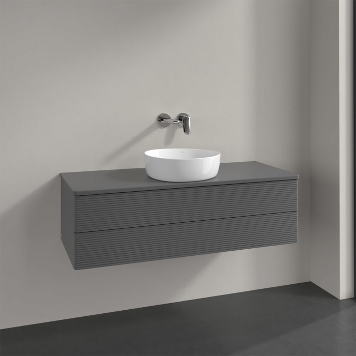Villeroy & Boch Antao Waschbeckenunterschrank, 120 x 19 cm, 2 Auszüge, Fronten mit Struktur, ohne Hahnloch, für Waschtisch mittig