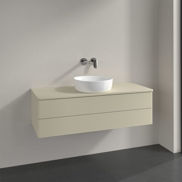 Villeroy & Boch Antao Waschbeckenunterschrank, 120 x 19 cm, 2 Auszüge, Fronten mit Struktur, ohne Hahnloch, für Waschtisch mittig