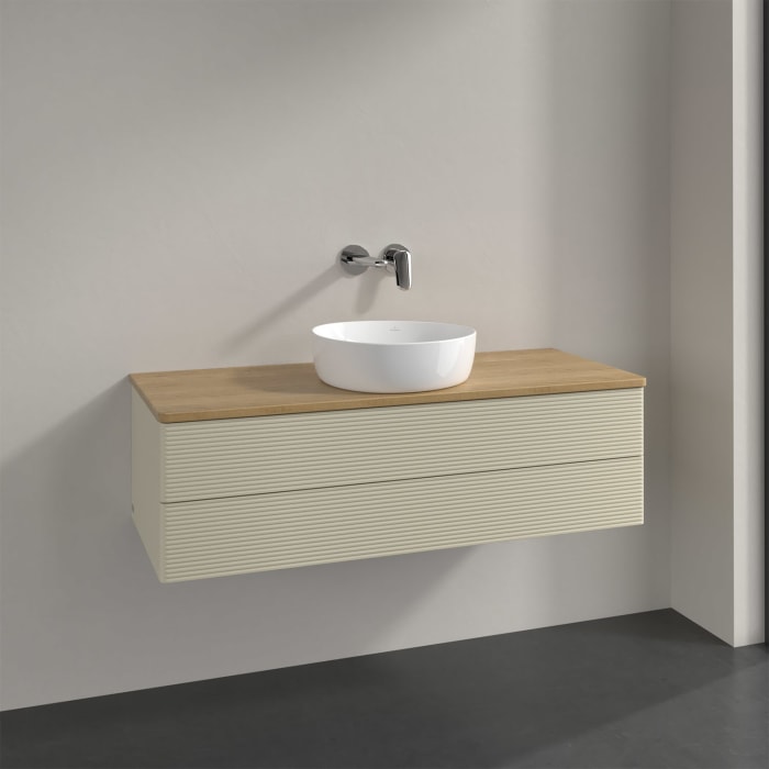 Villeroy & Boch Antao Waschbeckenunterschrank, 120 x 19 cm, 2 Auszüge, Fronten mit Struktur, ohne Hahnloch, für Waschtisch mittig