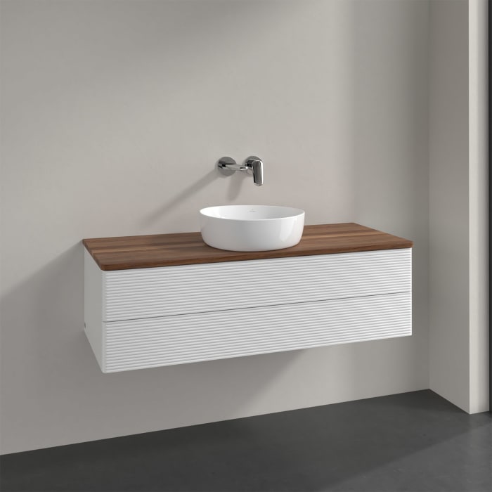 Villeroy & Boch Antao Waschbeckenunterschrank, 120 x 19 cm, 2 Auszüge, Fronten mit Struktur, ohne Hahnloch, für Waschtisch mittig