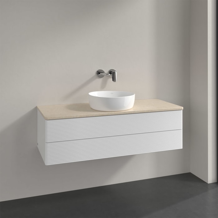 Villeroy & Boch Antao Waschbeckenunterschrank, 120 x 19 cm, 2 Auszüge, Fronten mit Struktur, ohne Hahnloch, für Waschtisch mittig