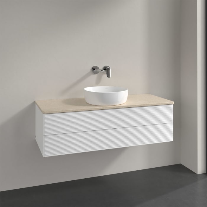 Villeroy & Boch Antao Waschbeckenunterschrank, 120 x 19 cm, 2 Auszüge, Fronten mit Struktur, ohne Hahnloch, für Waschtisch mittig