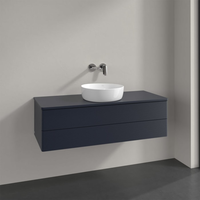 Villeroy & Boch Antao Waschbeckenunterschrank, 120 x 19 cm, 2 Auszüge, Fronten mit Struktur, mit Hahnloch, für Waschtisch mittig