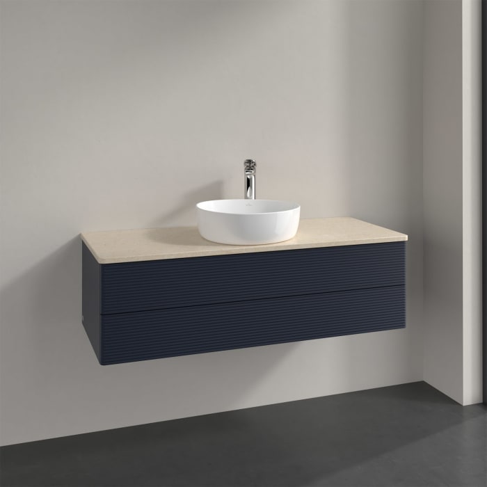 Villeroy & Boch Antao Waschbeckenunterschrank, 120 x 19 cm, 2 Auszüge, Fronten mit Struktur, mit Hahnloch, für Waschtisch mittig