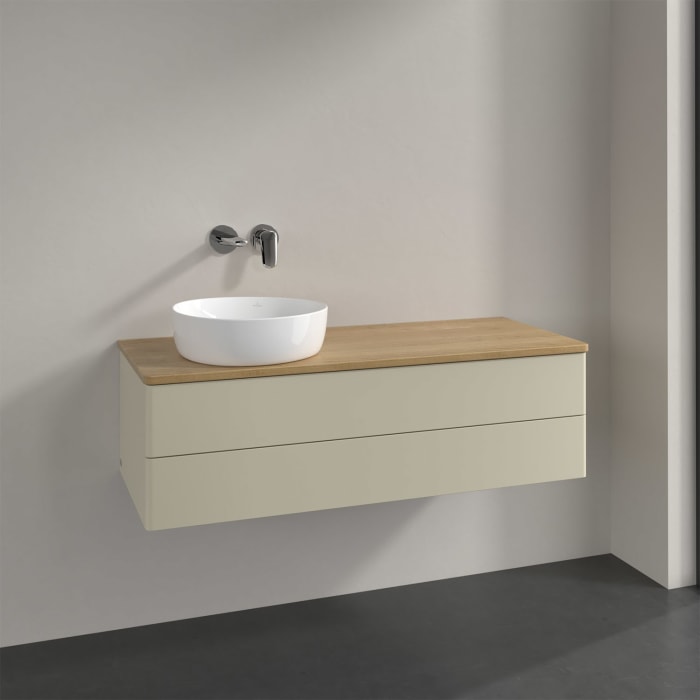 Villeroy & Boch Antao Waschbeckenunterschrank, 120 x 19 cm, 2 Auszüge, Fronten ohne Struktur, ohne Hahnloch, für Waschtisch links