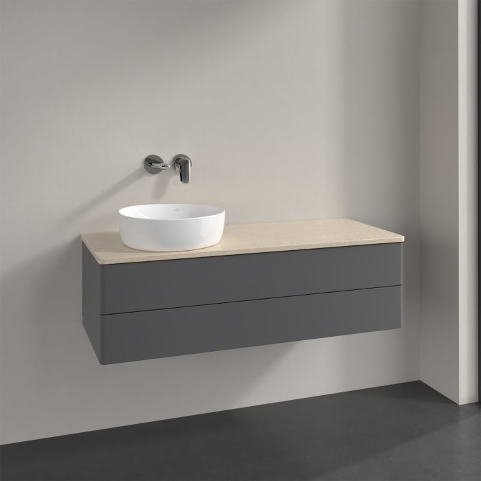 Villeroy & Boch Antao Waschbeckenunterschrank, 120 x 19 cm, 2 Auszüge, Fronten ohne Struktur, ohne Hahnloch, für Waschtisch links