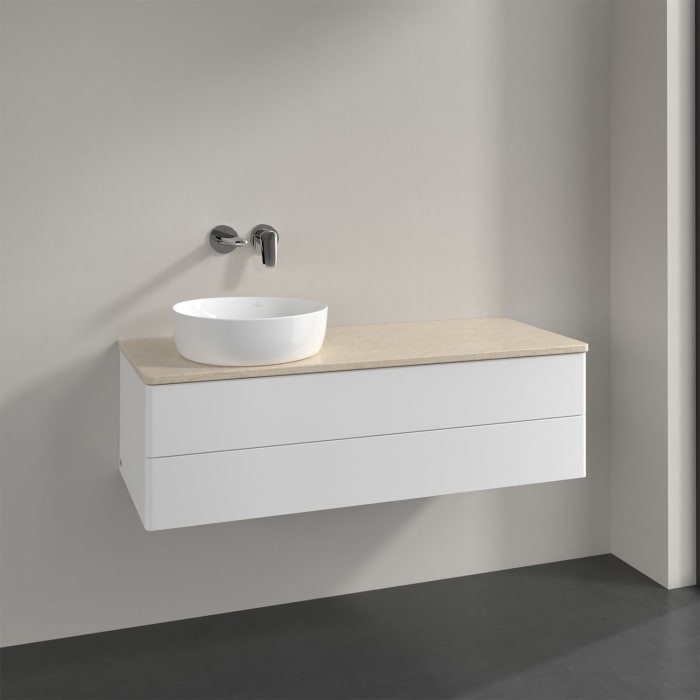 Villeroy & Boch Antao Waschbeckenunterschrank, 120 x 19 cm, 2 Auszüge, Fronten ohne Struktur, ohne Hahnloch, für Waschtisch links