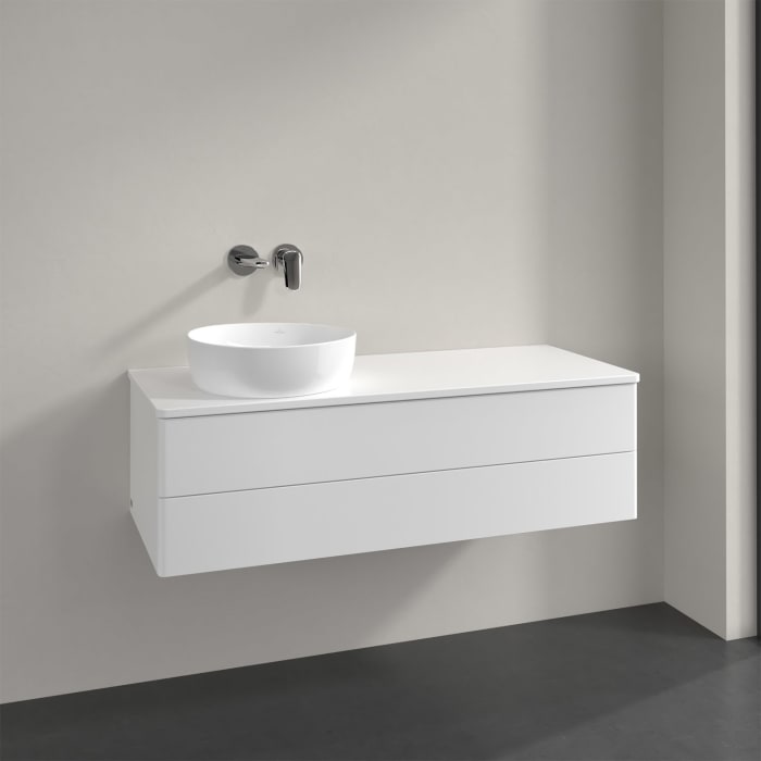 Villeroy & Boch Antao Waschbeckenunterschrank, 120 x 19 cm, 2 Auszüge, Fronten ohne Struktur, mit Hahnloch, für Waschtisch links