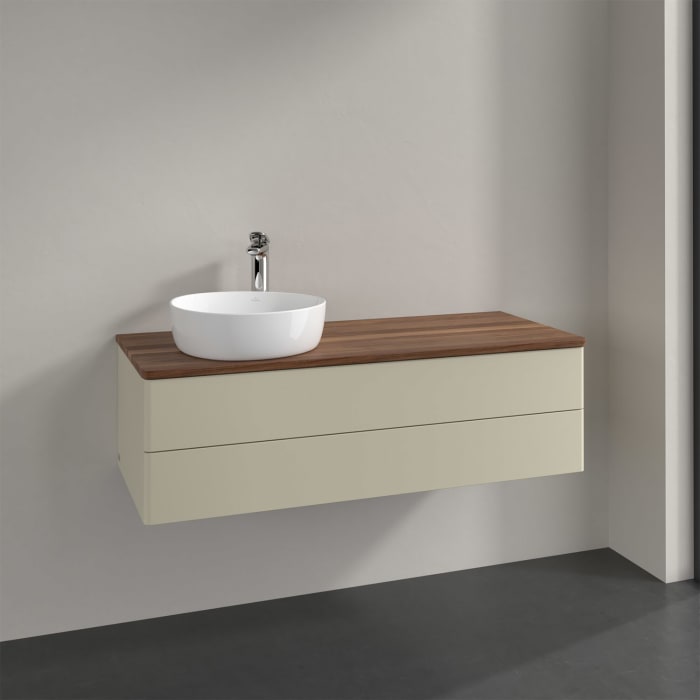 Villeroy & Boch Antao Waschbeckenunterschrank, 120 x 19 cm, 2 Auszüge, Fronten ohne Struktur, mit Hahnloch, für Waschtisch links