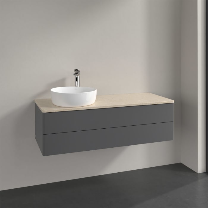 Villeroy & Boch Antao Waschbeckenunterschrank, 120 x 19 cm, 2 Auszüge, Fronten ohne Struktur, mit Hahnloch, für Waschtisch links
