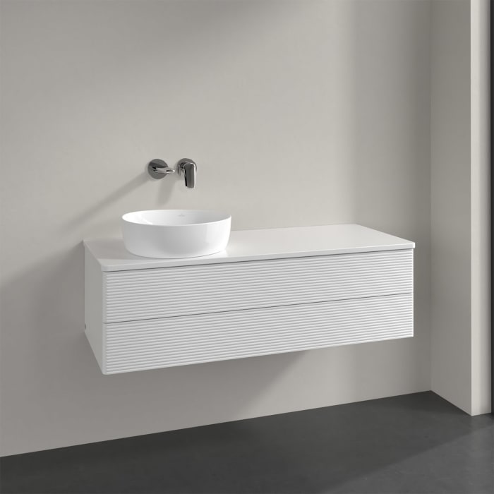 Villeroy & Boch Antao Waschbeckenunterschrank, 120 x 19 cm, 2 Auszüge, Fronten mit Struktur, ohne Hahnloch, für Waschtisch links