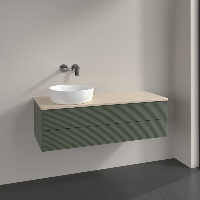 Villeroy & Boch Antao Waschbeckenunterschrank, 120 x 19 cm, 2 Auszüge, Fronten mit Struktur, ohne Hahnloch, für Waschtisch links