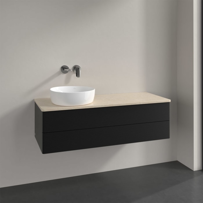 Villeroy & Boch Antao Waschbeckenunterschrank, 120 x 19 cm, 2 Auszüge, Fronten mit Struktur, ohne Hahnloch, für Waschtisch links