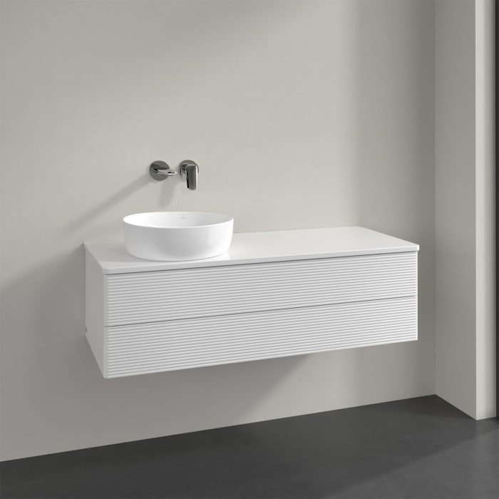 Villeroy & Boch Antao Waschbeckenunterschrank, 120 x 19 cm, 2 Auszüge, Fronten mit Struktur, mit Hahnloch, für Waschtisch links