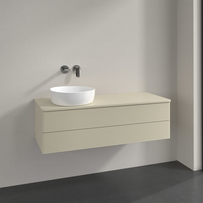 Villeroy & Boch Antao Waschbeckenunterschrank, 120 x 19 cm, 2 Auszüge, Fronten mit Struktur, mit Hahnloch, für Waschtisch links
