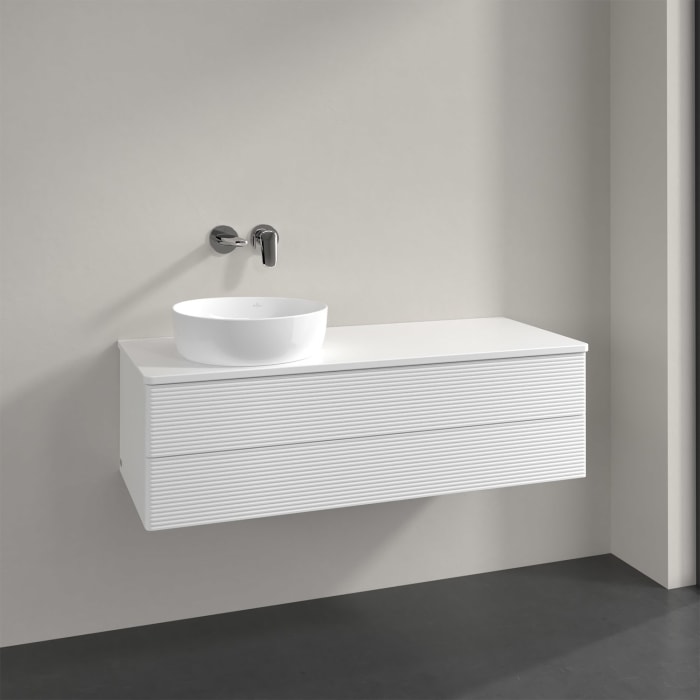 Villeroy & Boch Antao Waschbeckenunterschrank, 120 x 19 cm, 2 Auszüge, Fronten mit Struktur, mit Hahnloch, für Waschtisch links