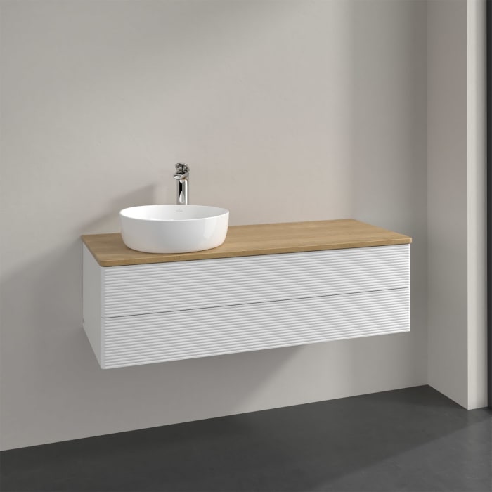 Villeroy & Boch Antao Waschbeckenunterschrank, 120 x 19 cm, 2 Auszüge, Fronten mit Struktur, mit Hahnloch, für Waschtisch links