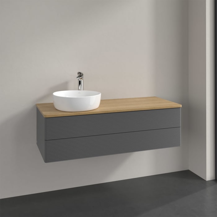 Villeroy & Boch Antao Waschbeckenunterschrank, 120 x 19 cm, 2 Auszüge, Fronten mit Struktur, mit Hahnloch, für Waschtisch links