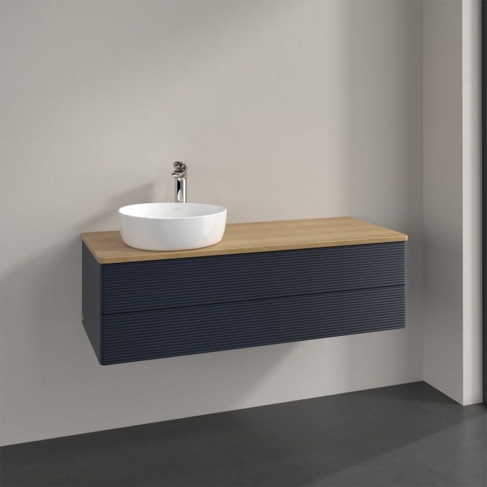 Villeroy & Boch Antao Waschbeckenunterschrank, 120 x 19 cm, 2 Auszüge, Fronten mit Struktur, mit Hahnloch, für Waschtisch links