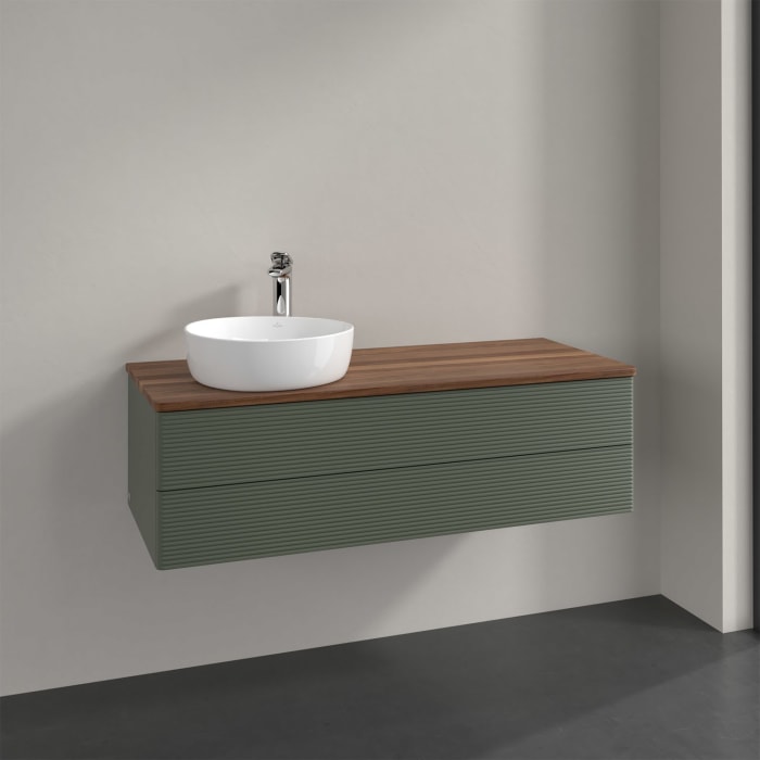 Villeroy & Boch Antao Waschbeckenunterschrank, 120 x 19 cm, 2 Auszüge, Fronten mit Struktur, mit Hahnloch, für Waschtisch links