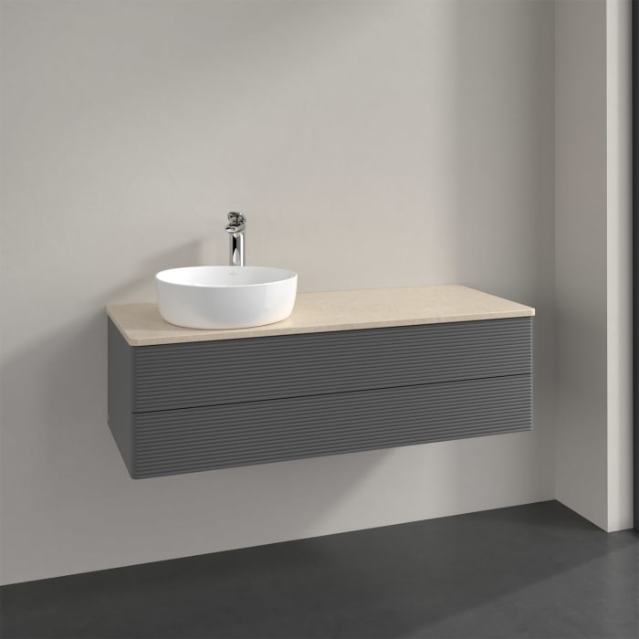 Villeroy & Boch Antao Waschbeckenunterschrank, 120 x 19 cm, 2 Auszüge, Fronten mit Struktur, mit Hahnloch, für Waschtisch links