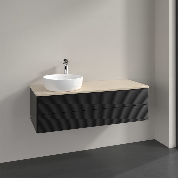 Villeroy & Boch Antao Waschbeckenunterschrank, 120 x 19 cm, 2 Auszüge, Fronten mit Struktur, mit Hahnloch, für Waschtisch links
