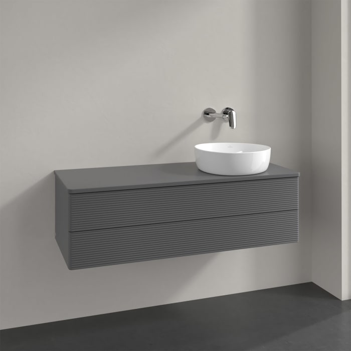 Villeroy & Boch Antao Waschbeckenunterschrank, 120 x 19 cm, 2 Auszüge, Fronten mit Struktur, mit Hahnloch, für Waschtisch rechts