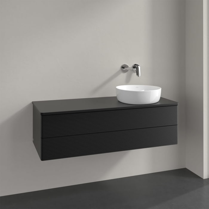 Villeroy & Boch Antao Waschbeckenunterschrank, 120 x 19 cm, 2 Auszüge, Fronten mit Struktur, mit Hahnloch, für Waschtisch rechts