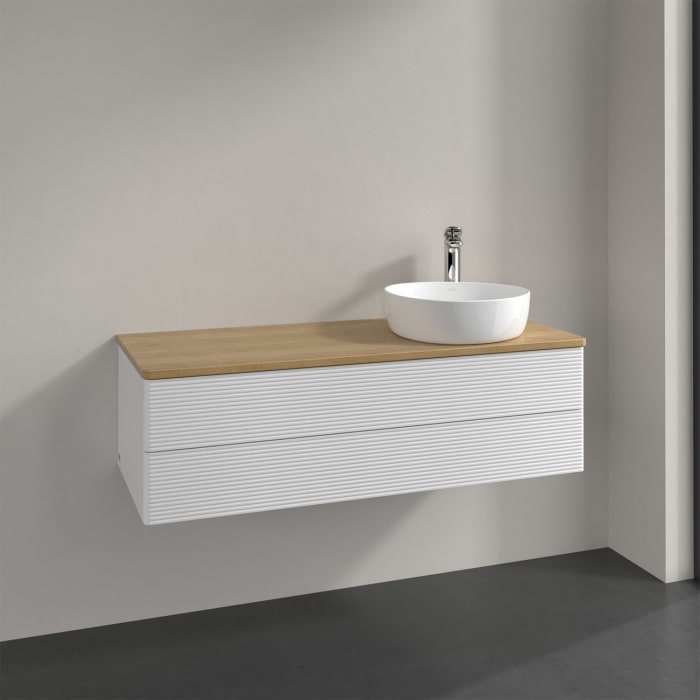 Villeroy & Boch Antao Waschbeckenunterschrank, 120 x 19 cm, 2 Auszüge, Fronten mit Struktur, mit Hahnloch, für Waschtisch rechts