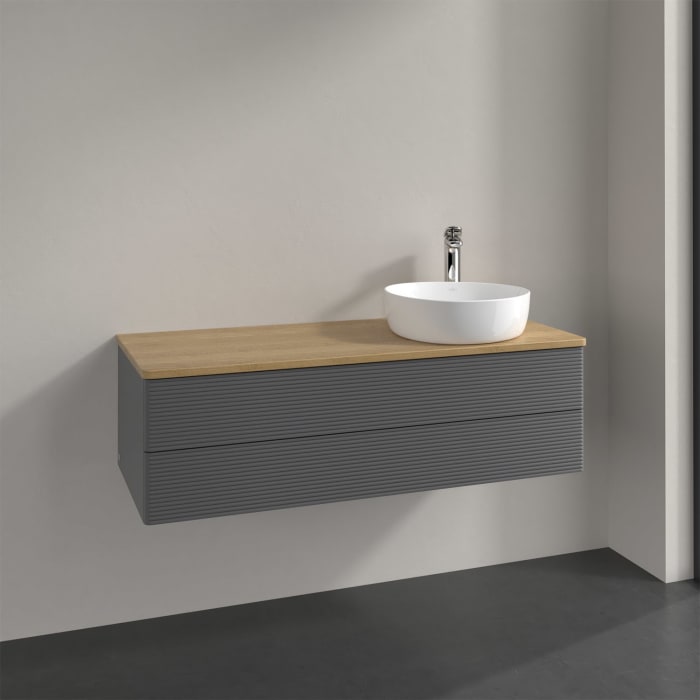 Villeroy & Boch Antao Waschbeckenunterschrank, 120 x 19 cm, 2 Auszüge, Fronten mit Struktur, mit Hahnloch, für Waschtisch rechts