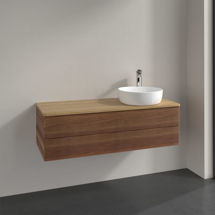 Villeroy & Boch Antao Waschbeckenunterschrank, 120 x 19 cm, 2 Auszüge, Fronten mit Struktur, mit Hahnloch, für Waschtisch rechts