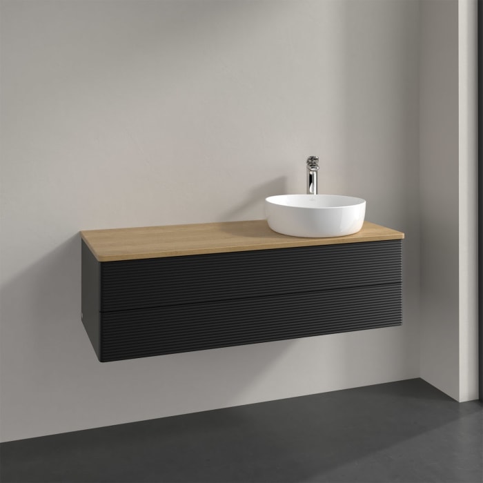 Villeroy & Boch Antao Waschbeckenunterschrank, 120 x 19 cm, 2 Auszüge, Fronten mit Struktur, mit Hahnloch, für Waschtisch rechts