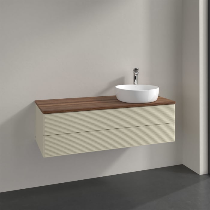 Villeroy & Boch Antao Waschbeckenunterschrank, 120 x 19 cm, 2 Auszüge, Fronten mit Struktur, mit Hahnloch, für Waschtisch rechts
