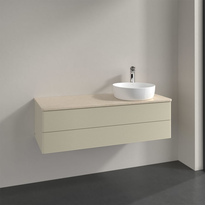 Villeroy & Boch Antao Waschbeckenunterschrank, 120 x 19 cm, 2 Auszüge, Fronten mit Struktur, mit Hahnloch, für Waschtisch rechts