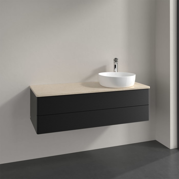Villeroy & Boch Antao Waschbeckenunterschrank, 120 x 19 cm, 2 Auszüge, Fronten mit Struktur, mit Hahnloch, für Waschtisch rechts