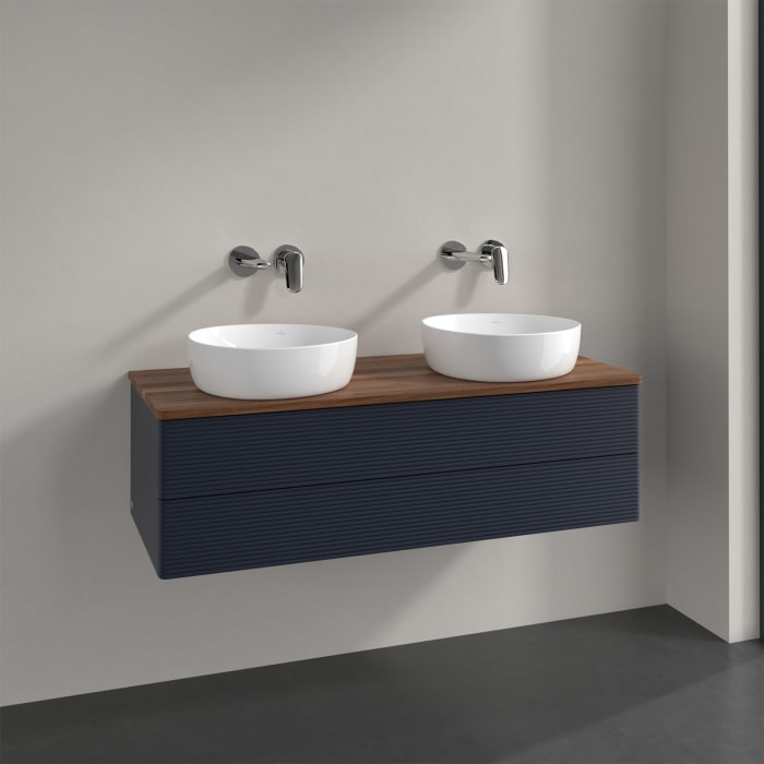 Villeroy & Boch Antao Waschbeckenunterschrank, 120 x 19 cm, 2 Auszüge, Fronten mit Struktur, ohne Hahnloch, für Waschtisch links und rechts