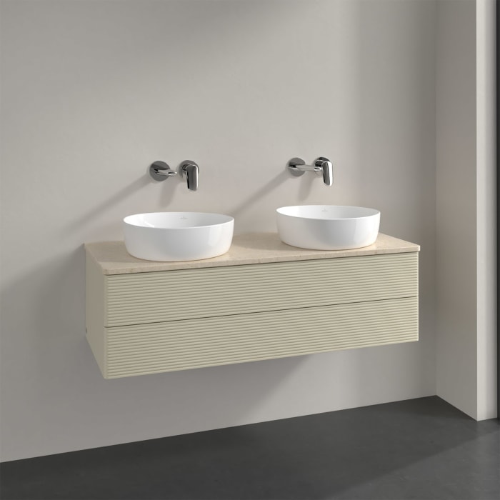 Villeroy & Boch Antao Waschbeckenunterschrank, 120 x 19 cm, 2 Auszüge, Fronten mit Struktur, ohne Hahnloch, für Waschtisch links und rechts